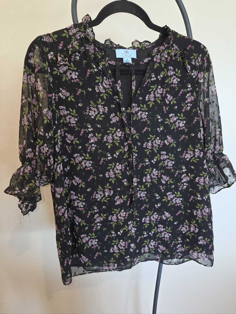 CeCe Black Sheer Floral Blouse with Pink & Green Print